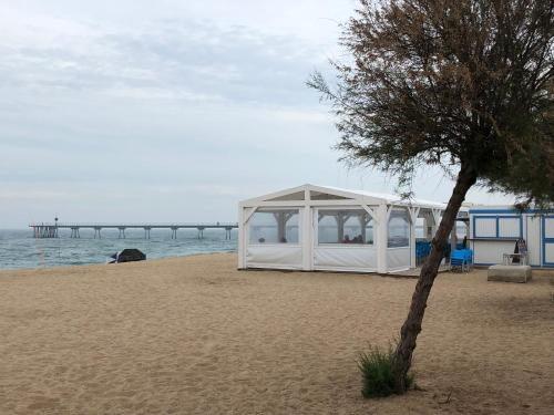 a white tent on the beach next to a tree at BADAROSA House10min to BARCELONA City&NearTo BEACH in Badalona
