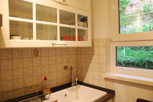 une cuisine avec un évier et une fenêtre dans l'établissement Am Berggarten, à Heidelberg
