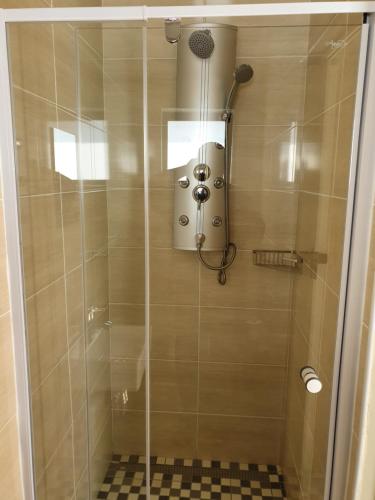 a shower with a glass door with a shower head at Ubuntu Hotel in East London