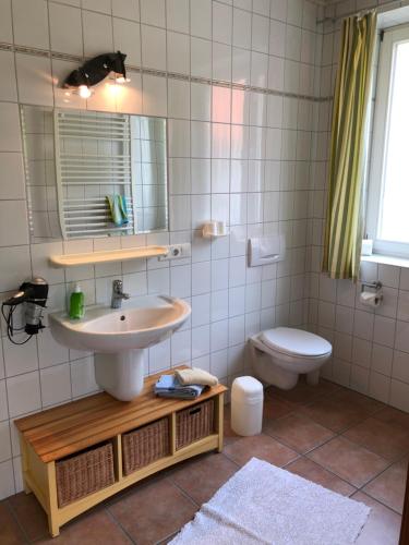 a bathroom with a sink and a toilet and a mirror at Apartment 4 in Wyk auf Föhr