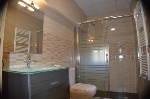 a bathroom with a shower and a toilet and a sink at Casa Rural El Convento in Valtierra