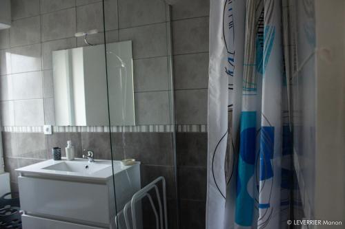 une salle de bain avec un lavabo et un miroir dans l'établissement Logis des chouans, à Les Landes-Génusson