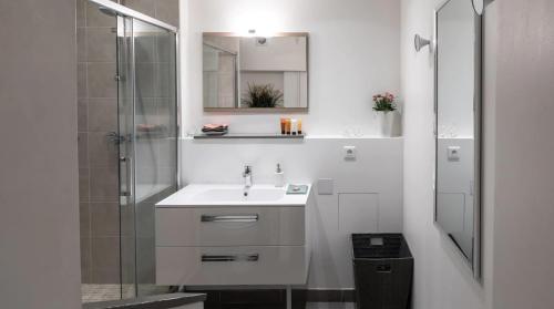 een witte badkamer met een wastafel en een douche bij 3-bedroom apartment Quai des Grands Augustins in Parijs