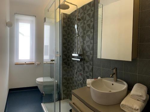 a bathroom with a sink and a shower and a toilet at Genius Guest Unique Banovci Apartment in Banovci
