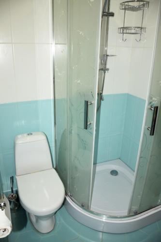 a bathroom with a toilet and a glass shower at Massiv Apt in Yerevan
