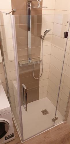 eine Dusche mit Glastür im Bad in der Unterkunft FONTANA SERI in Ulassai
