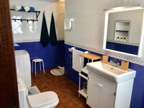 Baño azul con lavabo y aseo en Casa El Charco, en Orzola