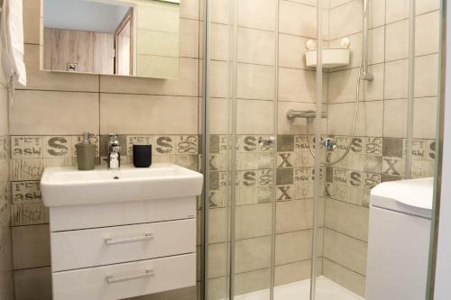 a bathroom with a sink and a shower at Apartments Gerda in Vřesina