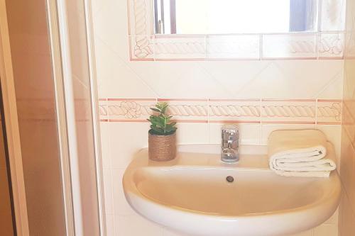 La salle de bains est pourvue d'un lavabo et d'une plante en pot. dans l'établissement Best Located Apt - Fabulous Pool !, à Cabanas de Tavira
