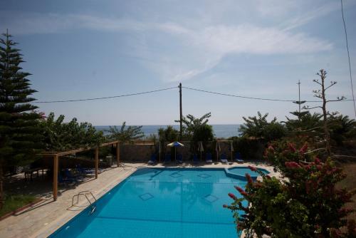 a large blue swimming pool with a view of the ocean at Sarikampos Beach in Myrtos