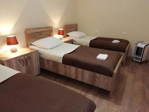 a hotel room with two beds and two lamps at Guest House ELENA in Kutaisi