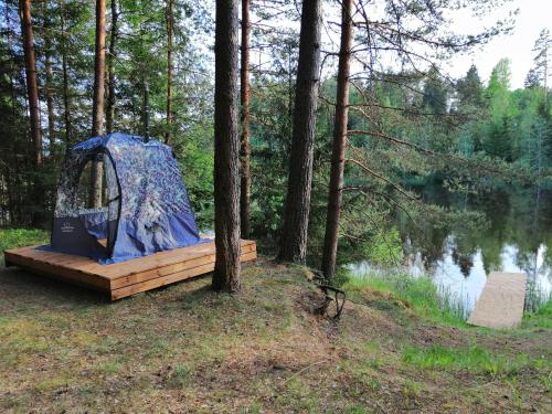 a tent on a wooden platform next to a body of water at Ainja Puhkemaja in Viljandi