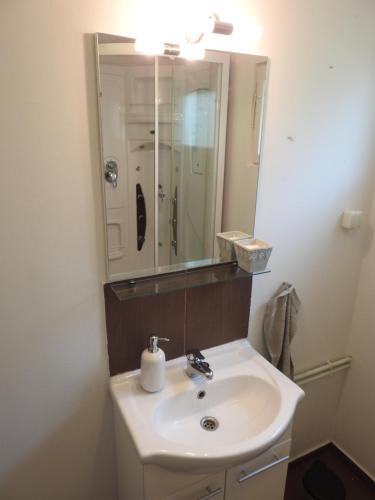 a bathroom with a sink and a mirror at Akali Apartman in Balatonakali