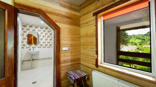 ein Bad mit einer Dusche, einem Waschbecken und einem Fenster in der Unterkunft Eco Centr Zrub in Maydan