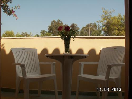 two chairs and a table with a vase of flowers on a porch at Elanthi Village Apartments in Kalamaki