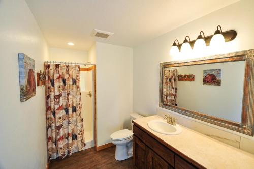 a bathroom with a sink and a toilet and a mirror at Glacier Homestead in Coram
