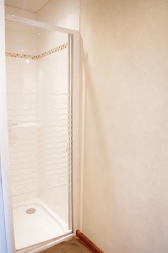 une douche avec une porte vitrée dans une salle de bain dans l'établissement Sur le plateau - Logement indépendant St Genest Malifaux, à Saint-Genest-Malifaux