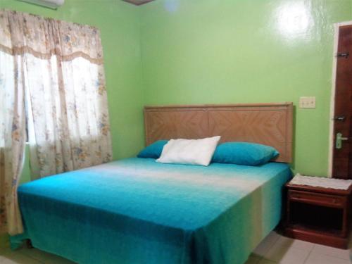 a bedroom with a bed with blue sheets and a window at Yard Style in Kingston