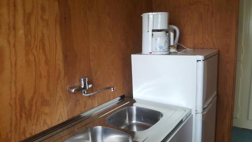 a kitchen with a sink and a white refrigerator at Ferienwohnungen am Werbellinsee in Schorfheide
