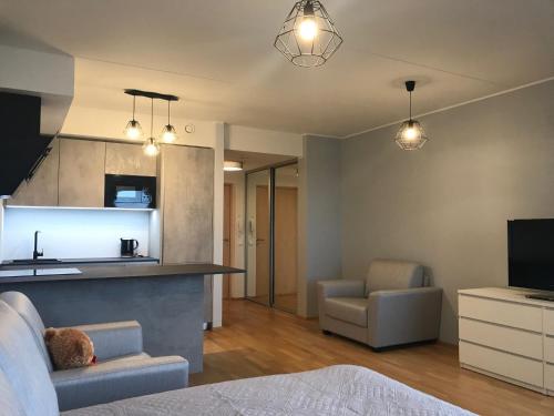 Habitación con cocina y sala de estar. en Apartment24 Yacht Club View en Pärnu