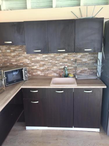a kitchen with a sink and a microwave at Family Hotel Malibu in Chernomorets