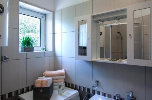 bagno con lavandino e specchio di Apartment Helga a Ližnjan (Lisignano)