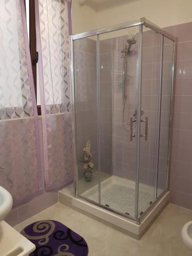 a shower in a pink bathroom with a glass shower stall at B&B la casetta di Lilly in Amelia