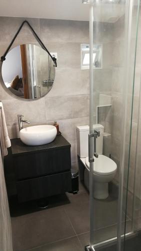 a bathroom with a sink and a toilet and a mirror at Casa Colmeia in Esposende
