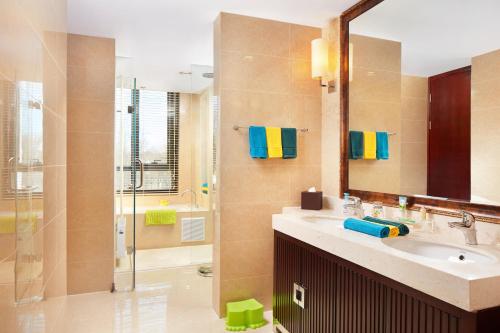 a bathroom with a sink and a shower and a mirror at Beijing Hotel Minsk in Minsk