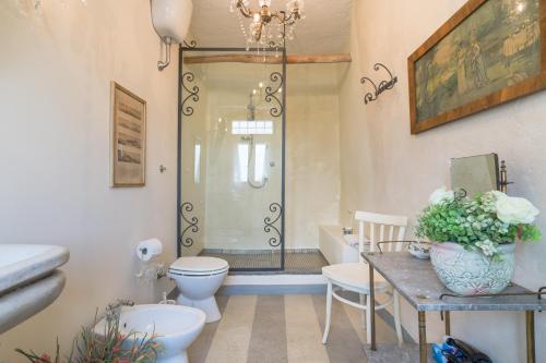 a bathroom with a shower and a toilet and a table at B&B Rosso Baccara in Montevettolini