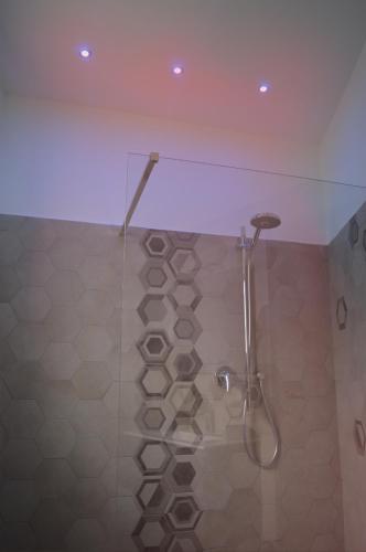 a bathroom with a shower with a shower head at Il Rivolo in Sorrento