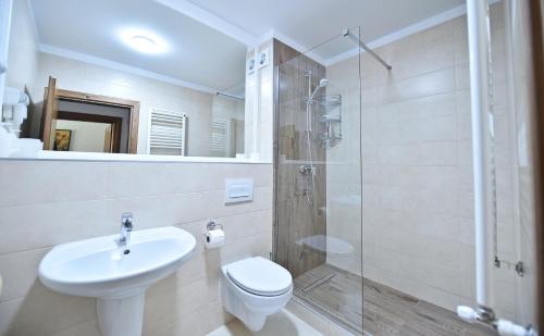 Un baño con inodoro, lavabo y ducha. en Pensiunea Castania - Pensiune cu piscina la munte, en Polovragi
