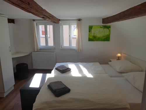 1 dormitorio con 2 camas y 2 ventanas en Ferienhaus Nr. 10 en Buergstadt