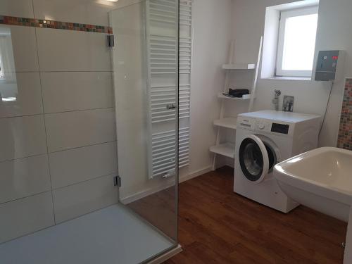 a bathroom with a washing machine and a sink at Ferienhaus Nr. 10 in Buergstadt
