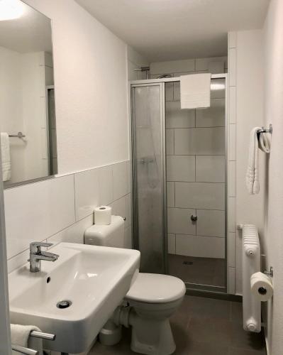 a bathroom with a sink and a toilet and a shower at City Hotel und City Apartments Centrum in Kaiserslautern