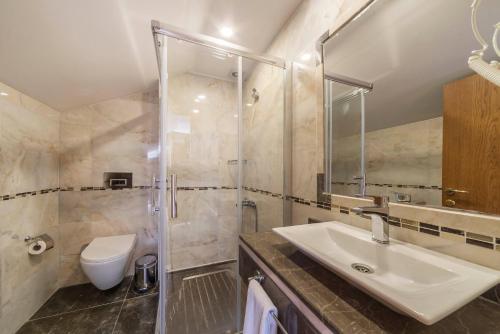 a bathroom with a sink and a shower and a toilet at Lalinn Hotel in Istanbul