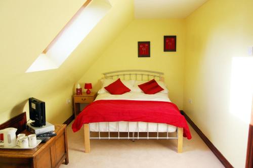 聖畢斯的住宿－Moorclose Bed and Breakfast，一间卧室配有一张带红色枕头的床