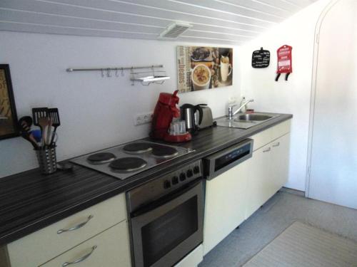 Una pequeña cocina con estufa y fregadero. en Landhaus Kogel, en Ofterschwang