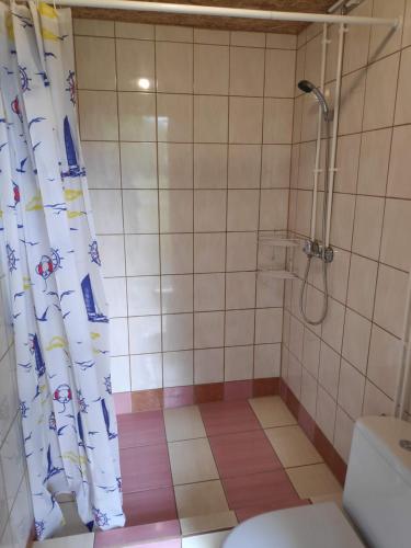 a bathroom with a shower with a shower curtain at White House in Uulu