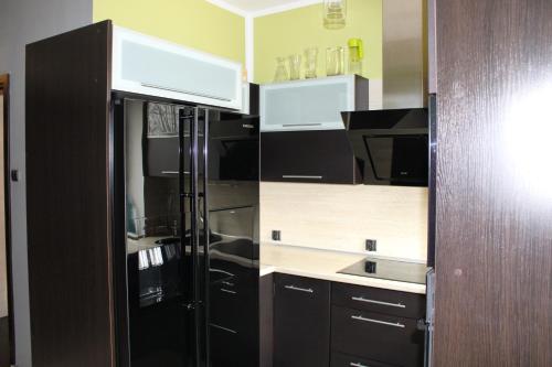 una cucina con armadi neri e frigorifero nero di Apartament W4 Deluxe w Bielawie - Góry Sowie a Bielawa
