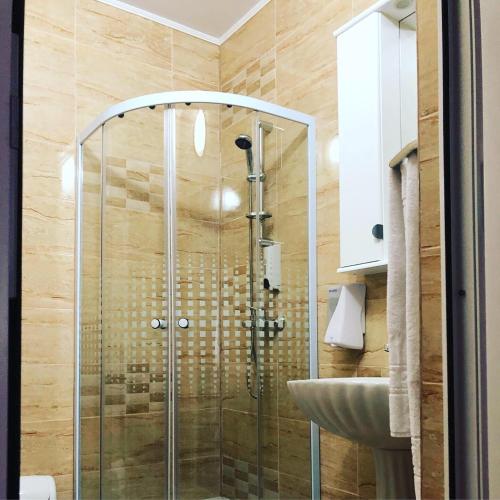 a bathroom with a shower and a sink at Pensiunea Valea Gepisului in Groşi