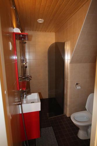 a small bathroom with a toilet and a sink at Käyrämön Keidas in Tiainen