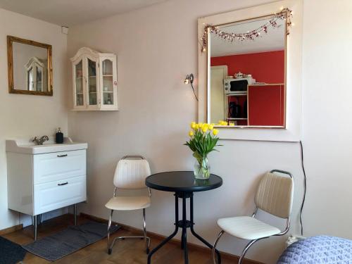 a room with a table and two chairs and a mirror at Houseboat Westerdok in Amsterdam