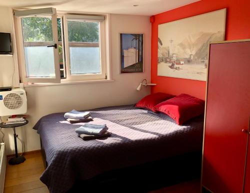a bedroom with a bed with red walls and windows at Houseboat Westerdok in Amsterdam