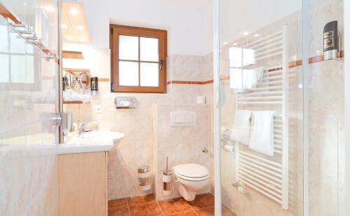 a bathroom with a toilet and a sink and a shower at Hotel am Katharinenholz in Potsdam