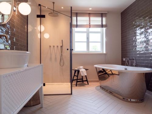a bathroom with a shower and a tub and a sink at Alpenloge Design Hotel in Scheidegg
