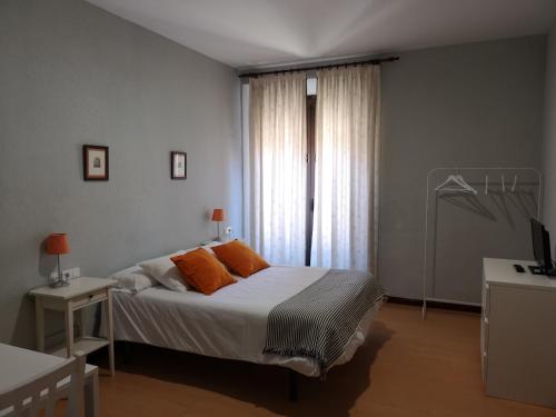 a bedroom with a bed with orange pillows and a window at Hostal San Martin in León