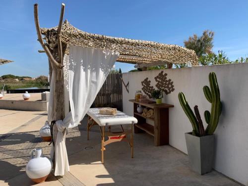 a patio with a white canopy and a table and cactus at Lodge Sainte Helene Adult only in Saintes-Maries-de-la-Mer