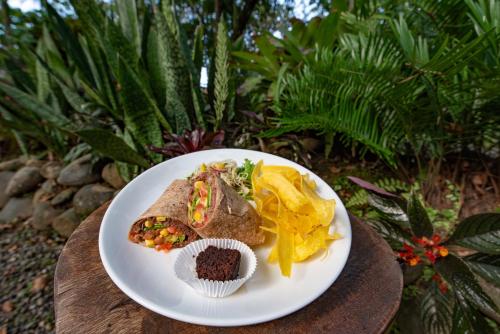 a white plate with food on a table at Hotel Banana Azul - Adults Only in Puerto Viejo