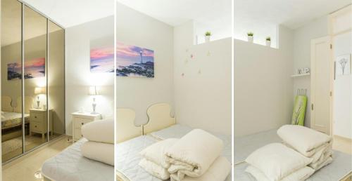 trois images d'une chambre avec un lit et un miroir dans l'établissement Ocean View I (San Eugenio Alto), à Adeje